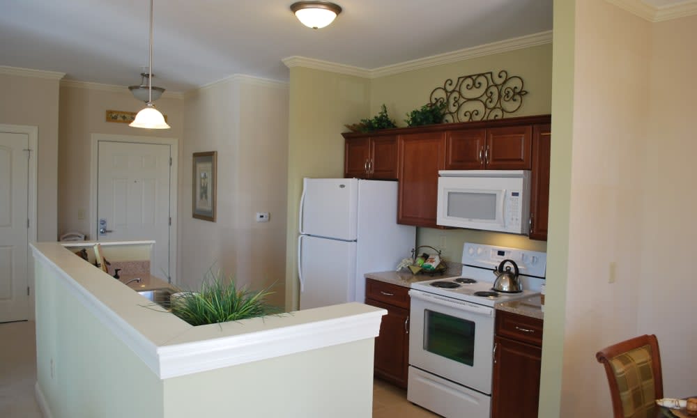 Modern kitchen with white appliances and wooden cabinets.