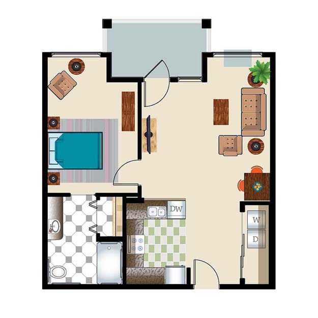 A detailed floor plan of a one-bedroom apartment featuring a living room, kitchen, bathroom, and bedroom with furniture layout.