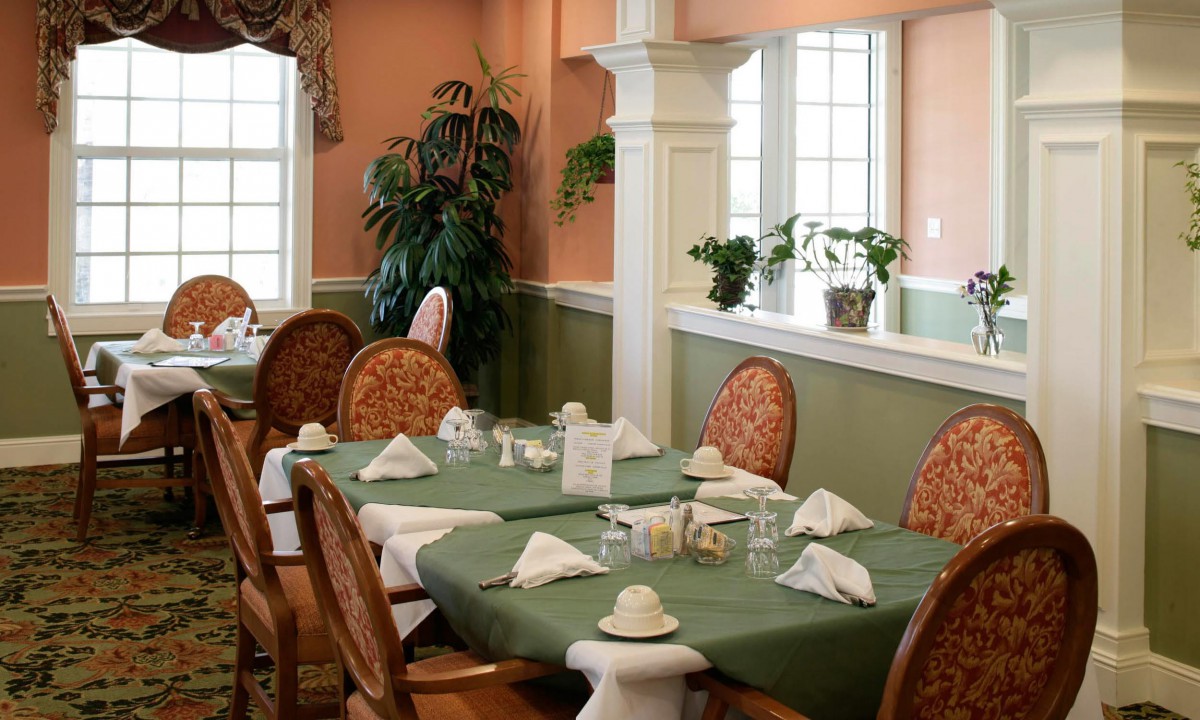 An elegant dining area with well-arranged tables and chairs, set with napkins and glasses, accented by indoor plants.