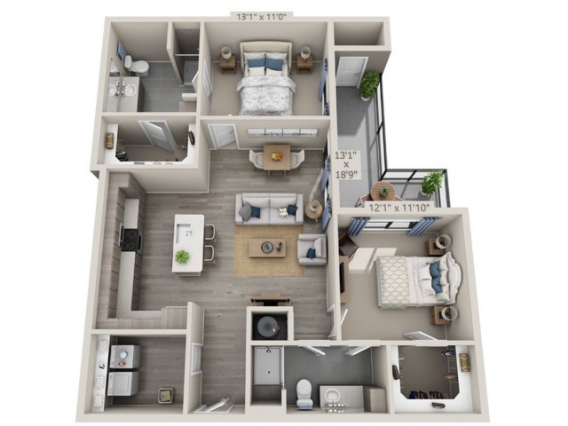 3D floor plan of a two-bedroom apartment with a kitchen, living room, and balcony.