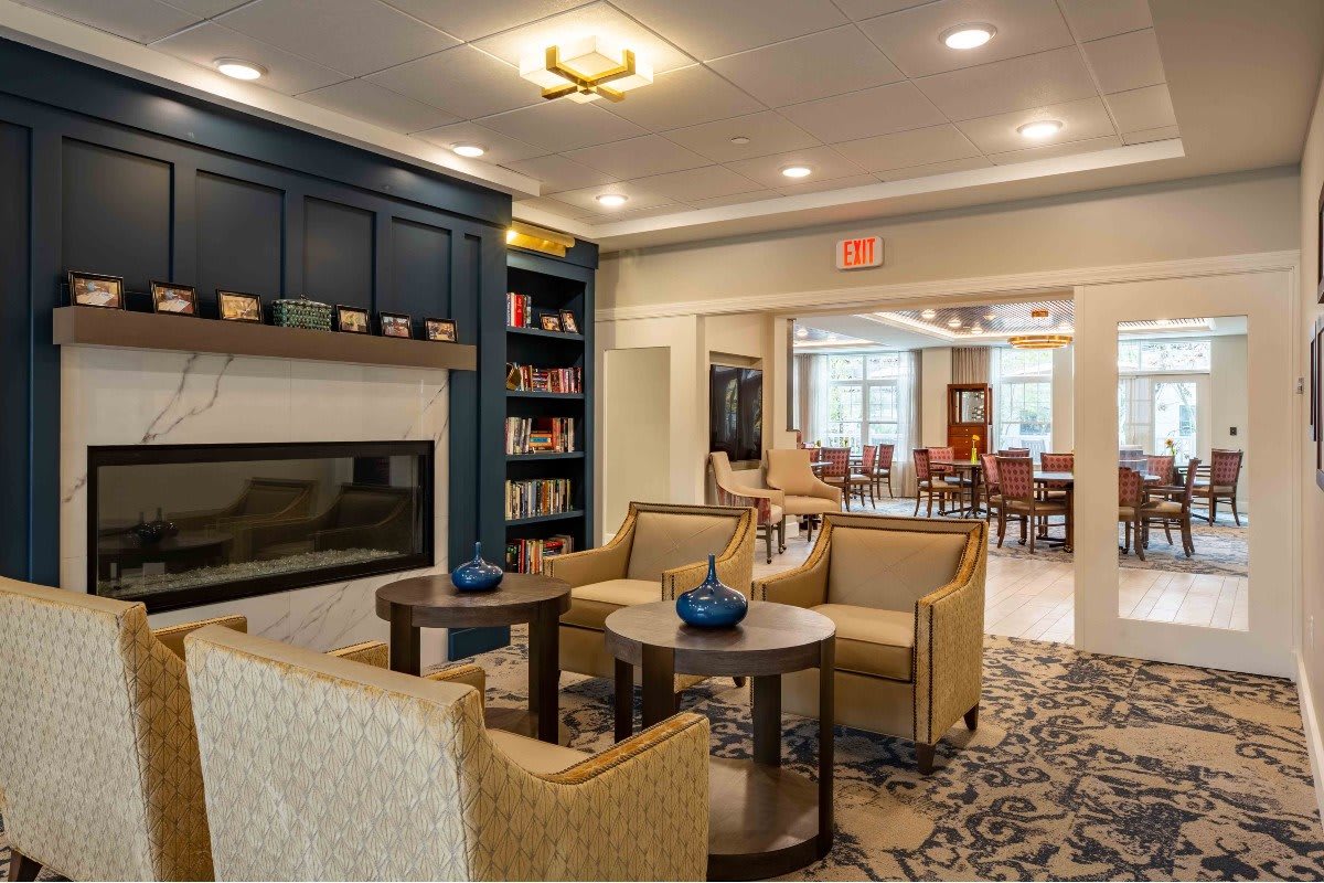 A cozy lounge area featuring comfortable seating, a fireplace, and a small library with modern decor.