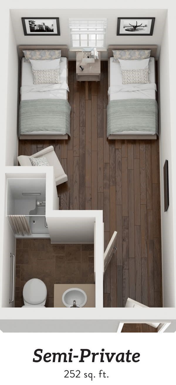 A minimalist floor plan featuring twin beds and a compact bathroom.
