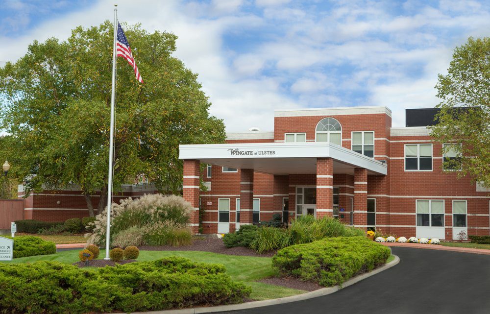 A hospital building with a landscaped entrance and American flag.