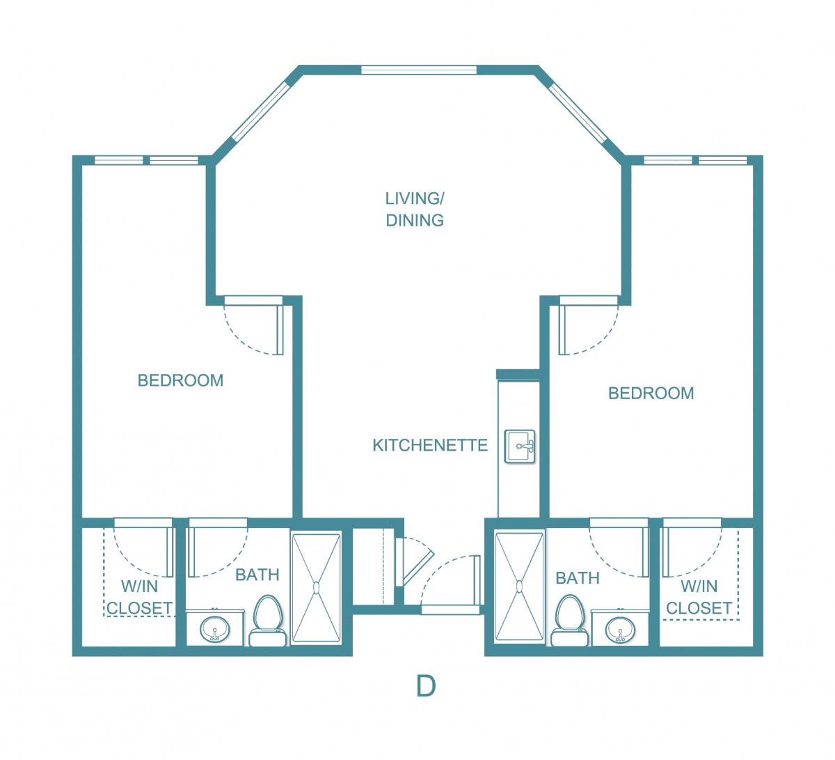 Floor plan of a two-bedroom apartment with a central living room and bathrooms.