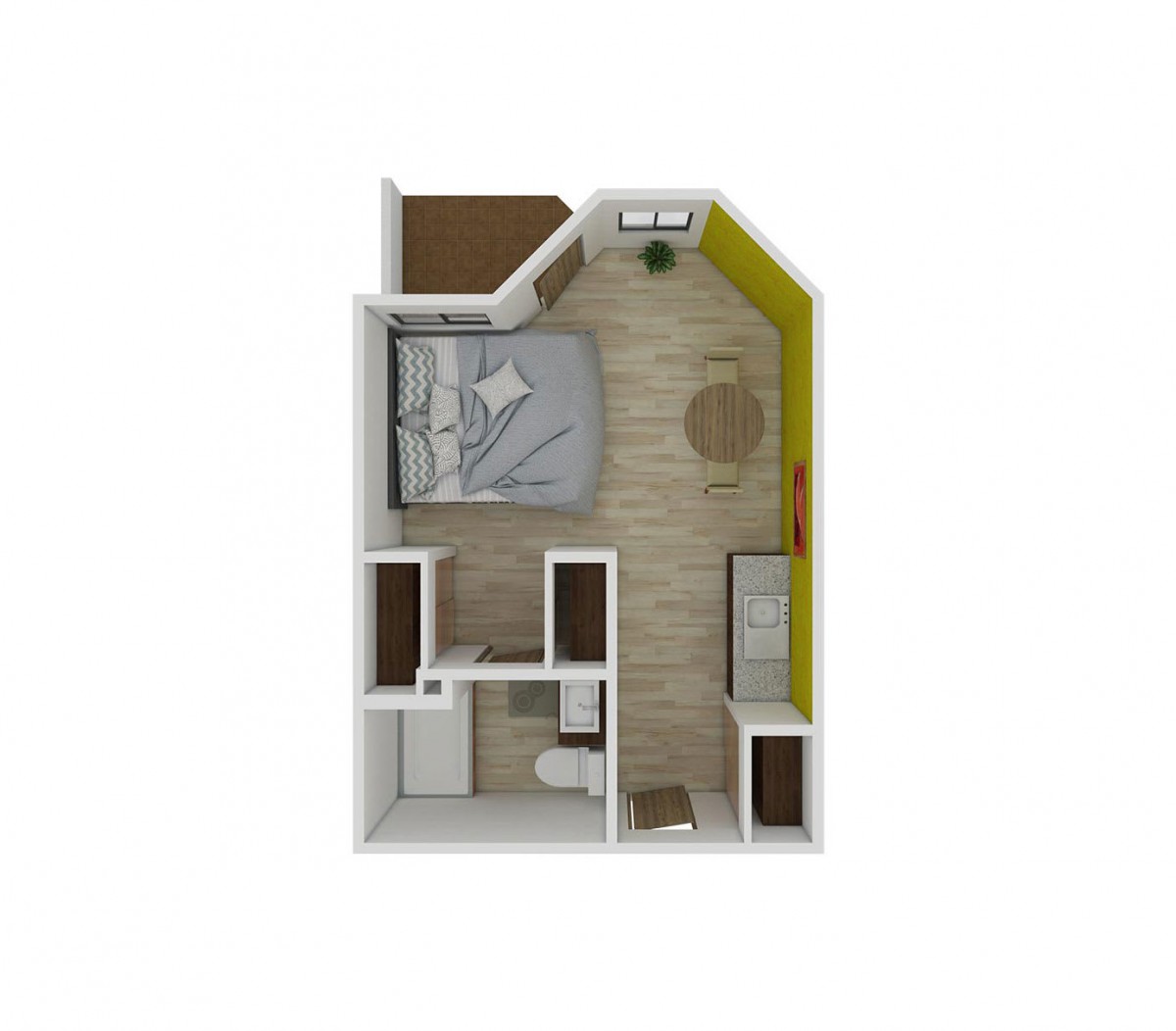 Studio apartment floor plan with a combined bedroom, kitchenette, and bathroom layout.