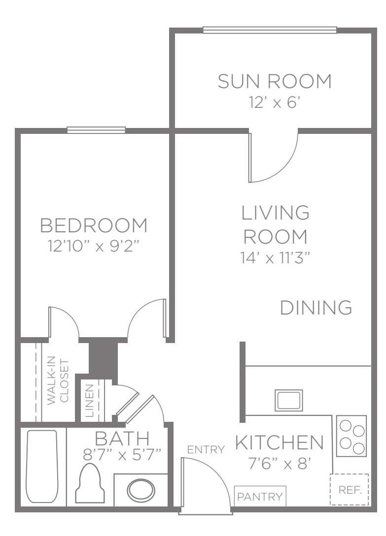 A one-bedroom apartment floor plan with labeled rooms including a sunroom, living room, dining area, kitchen, and bathroom.