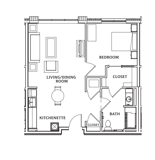 A floor plan of a one-bedroom apartment featuring a living/dining area, kitchen, bathroom, and closet.