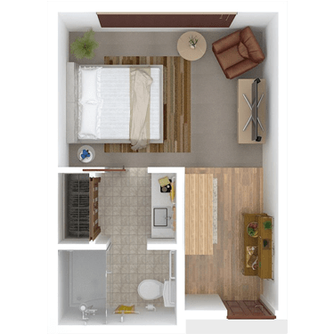 A compact apartment floor plan featuring a bedroom, bathroom, and small living area.