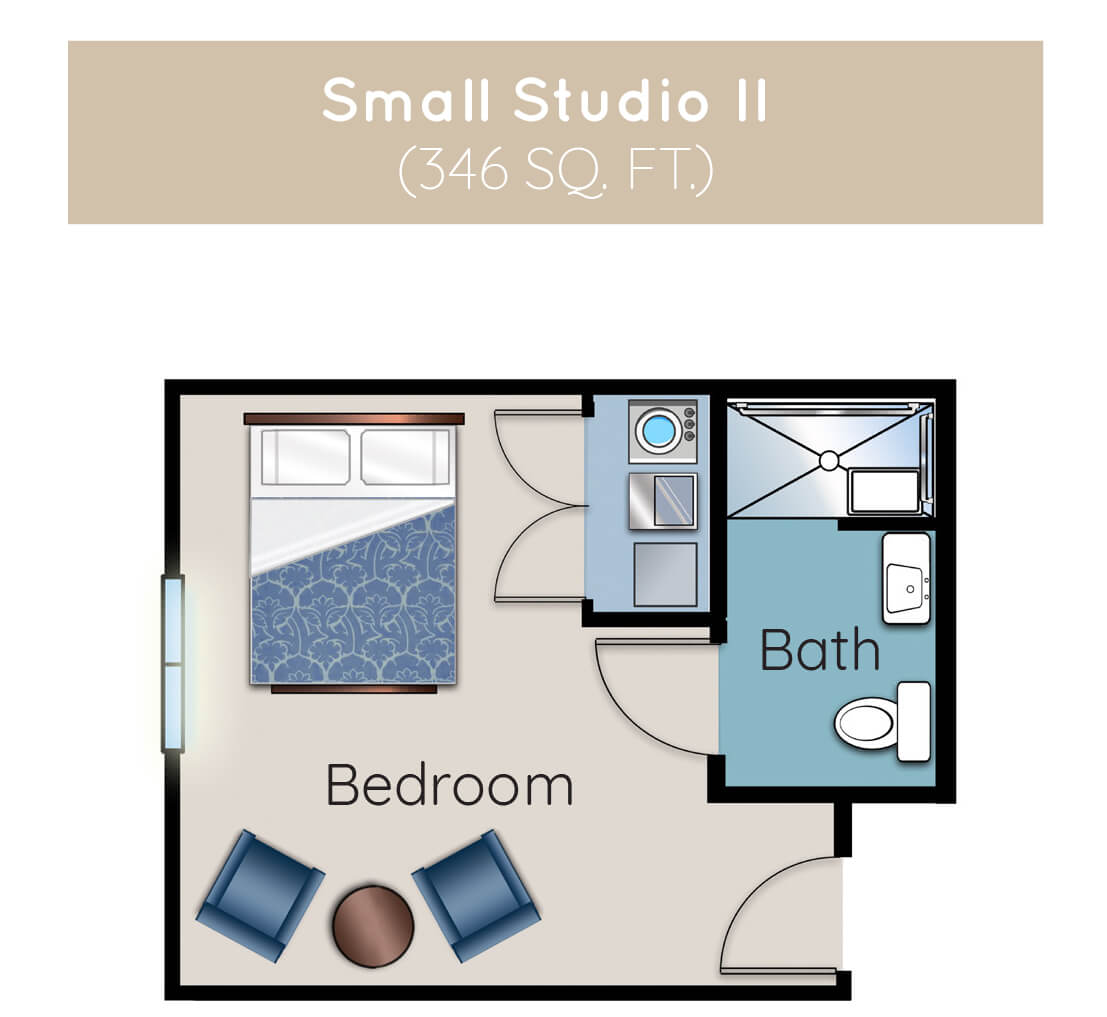 Floor plan of a small studio apartment featuring a bedroom and bathroom.