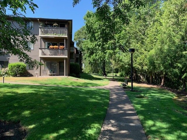 A serene outdoor scene with a paved pathway leading past an apartment building, surrounded by lush green trees and grass.