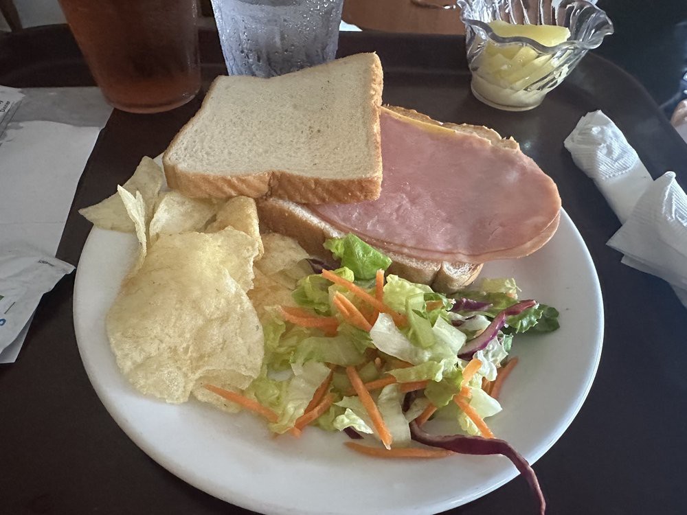 A meal featuring a ham sandwich, salad, and potato chips on a plate.