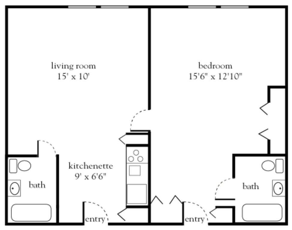 This image shows a floor plan of an apartment featuring a living room, bedroom, kitchenette, and bathroom.