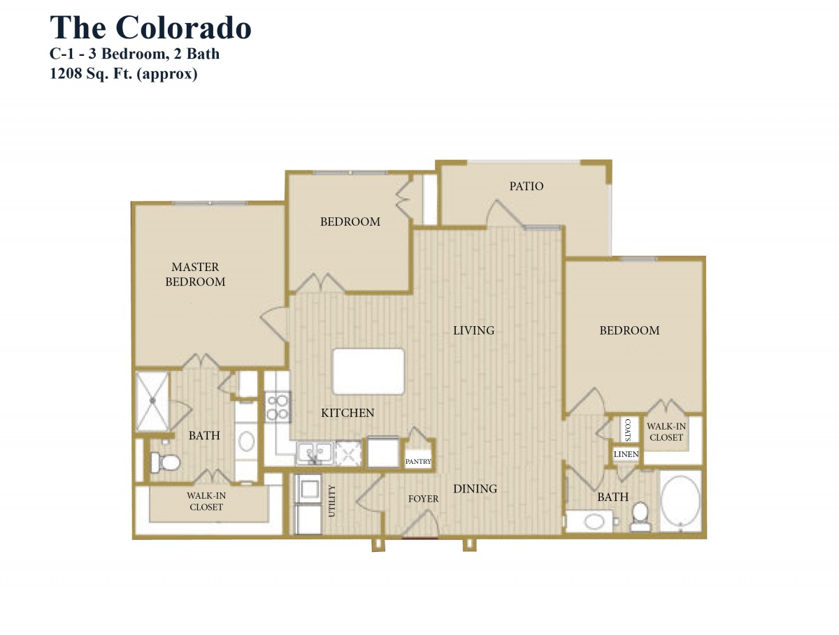 This is a floor plan of a two-bedroom, two-bathroom apartment in Colorado with defined living areas.