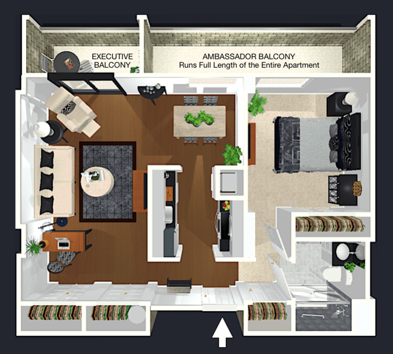 An apartment floor plan featuring a living room, bedroom, and a balcony with furniture layout.
