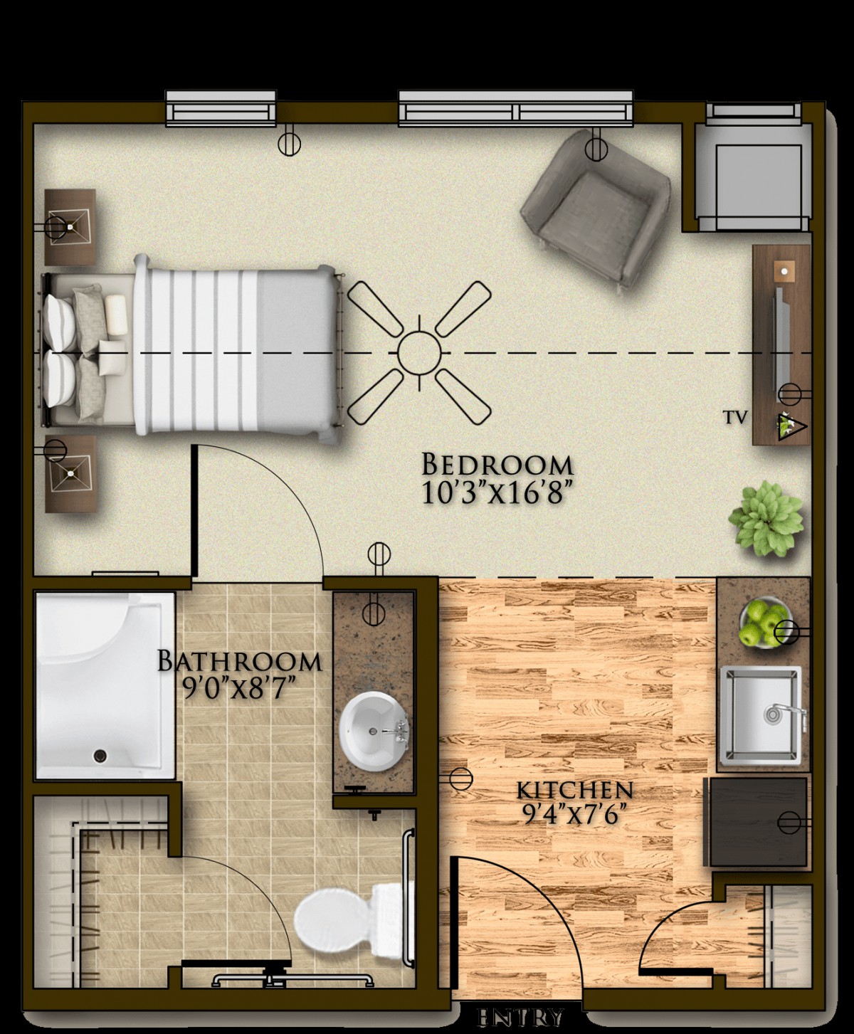 A one-bedroom apartment floor plan featuring a bedroom, bathroom, kitchen, and living area.