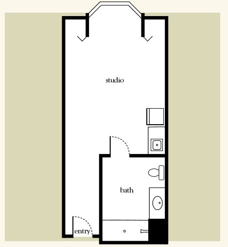 A floor plan of a studio apartment with labeled areas for the main living area, kitchen, and bathroom.