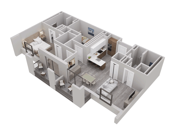 A 3D floor plan of a modern apartment featuring an open concept design with two bedrooms, a kitchen, and a living area.