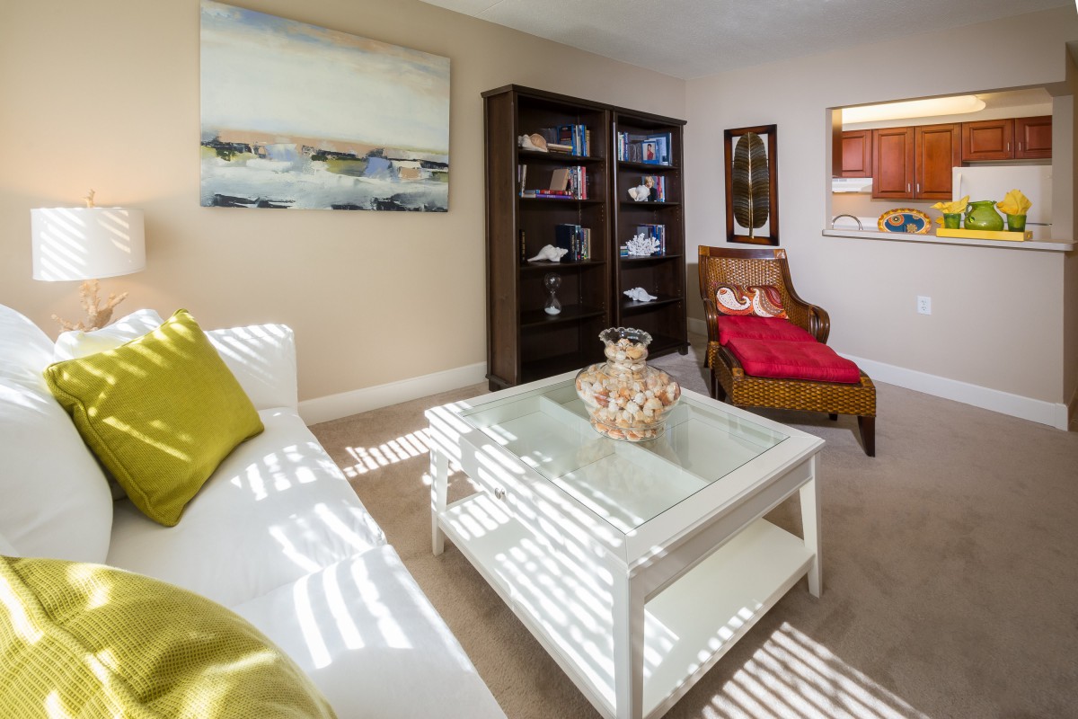 A cozy living room with modern furniture, including a white coffee table, a bookshelf filled with books, and an armchair adorned with a red throw.