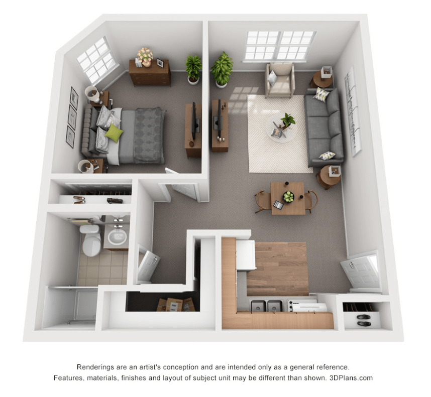 A 3D floor plan of a modern one-bedroom apartment, featuring a cozy living area, kitchen, bathroom, and spacious bedroom.