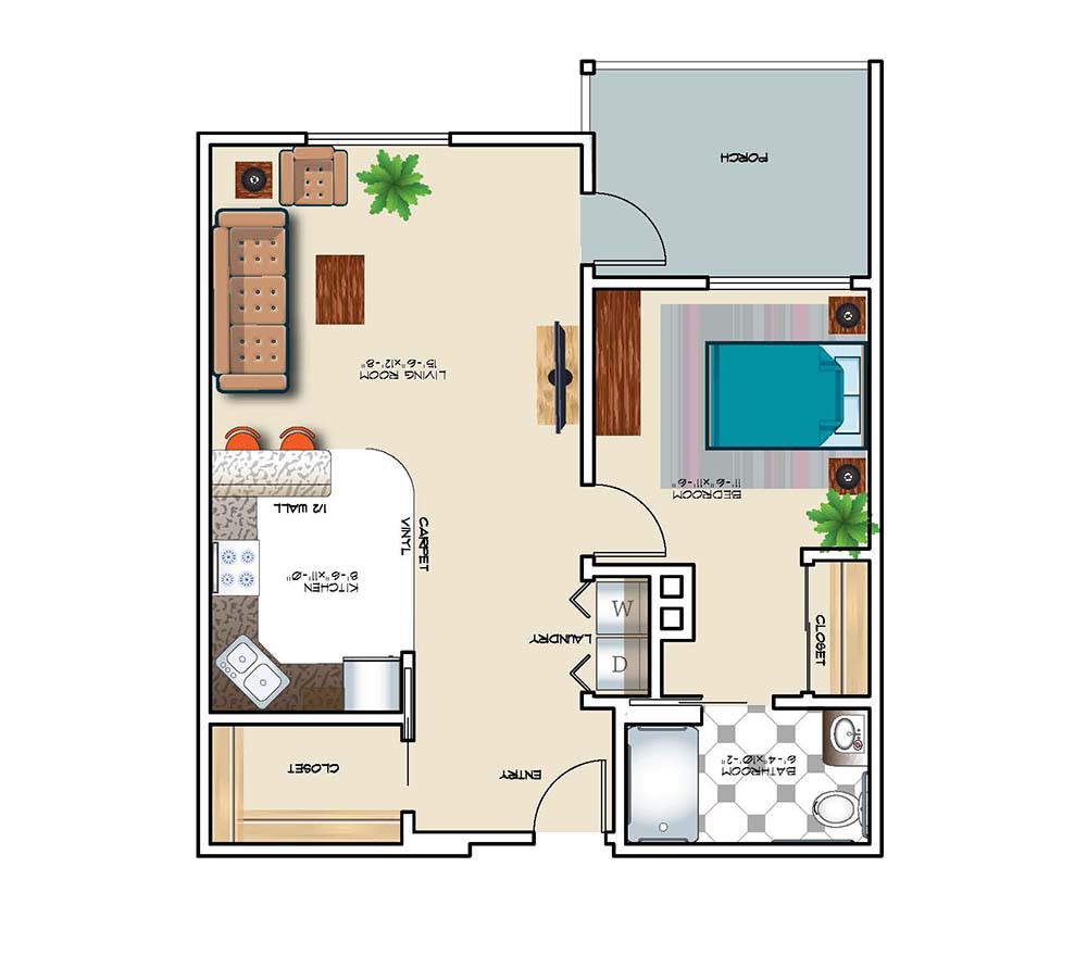 A floor plan depicting a one-bedroom apartment layout, including a living room, kitchen, bathroom, and patio.