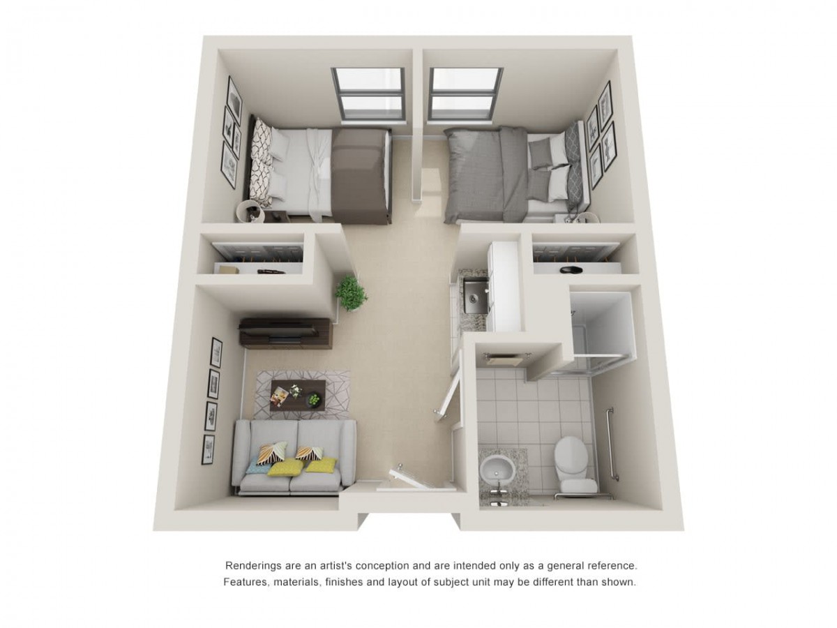 A 3D rendering of a one-bedroom apartment layout featuring a living room, kitchen, and bathroom.
