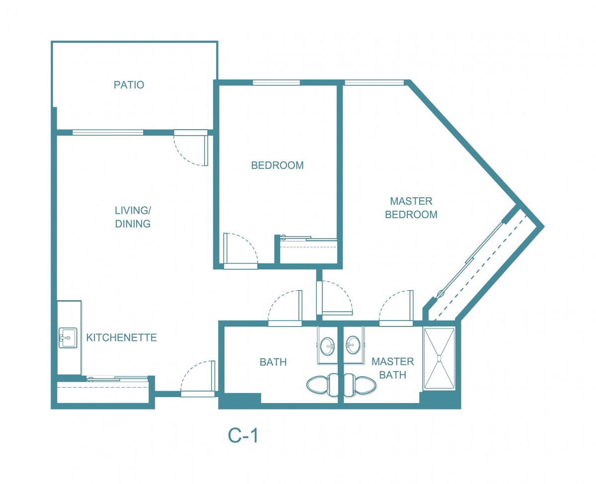 A floor plan of a two-bedroom apartment with a kitchenette and bathroom.