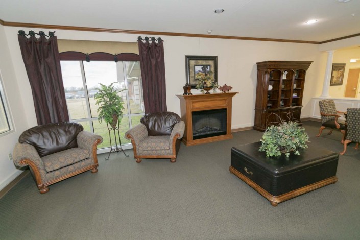 A cozy living room with sofas, a fireplace, and decorative elements.