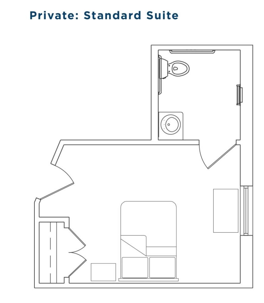 A floor plan of a small apartment with a bedroom and a bathroom.