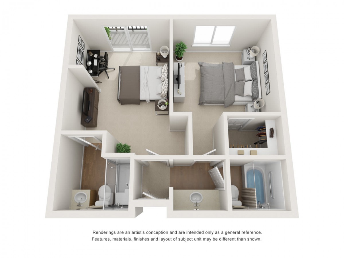 A 3D floor plan of a two-bedroom apartment with two bathrooms and an open living area.