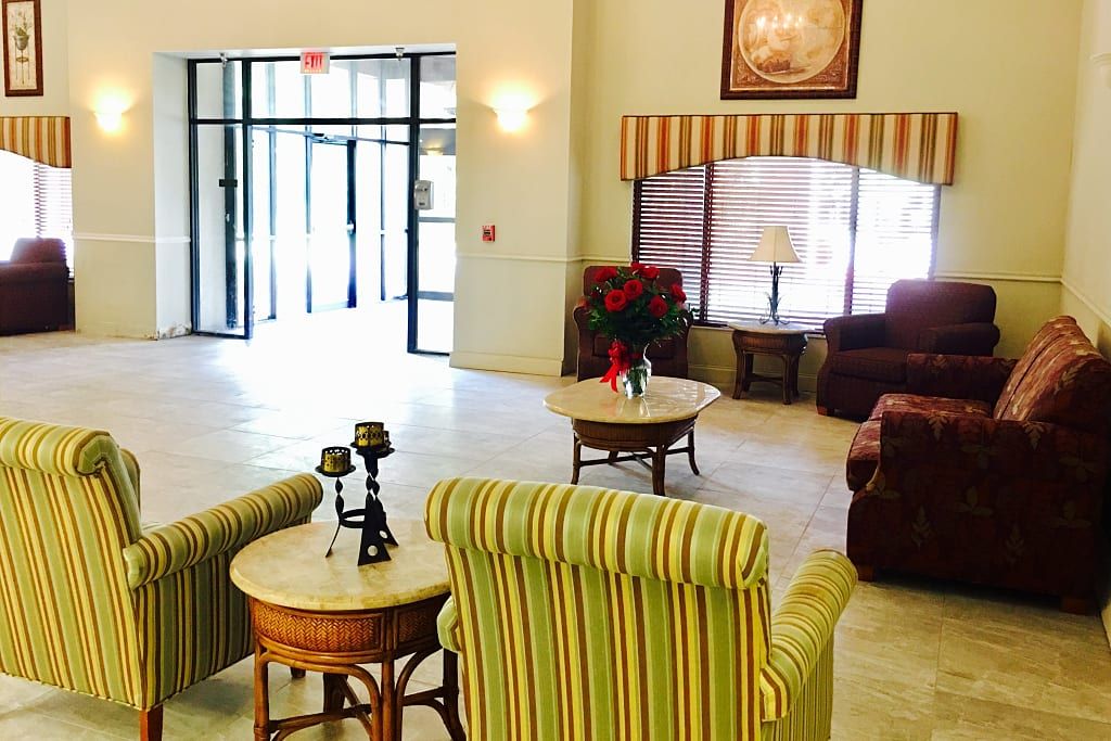 A cozy lobby with comfortable seating and elegant decor.
