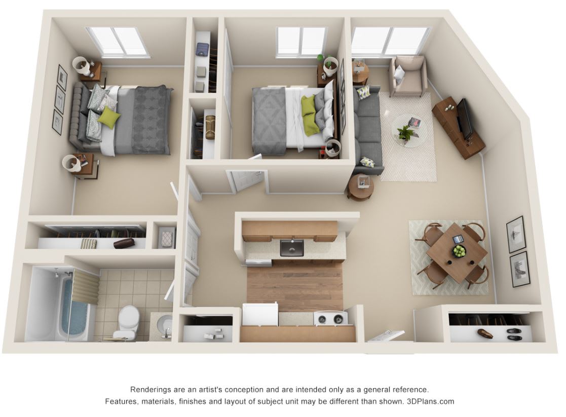 A detailed floor plan of a two-bedroom apartment featuring a kitchen, living room, and bathroom.