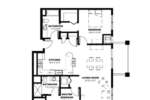 A detailed floor plan of a two-bedroom apartment with living room, kitchen, and bathrooms.
