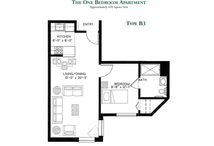 Floor plan of a one-bedroom apartment featuring a kitchen, living/dining area, bedroom, and bathroom.
