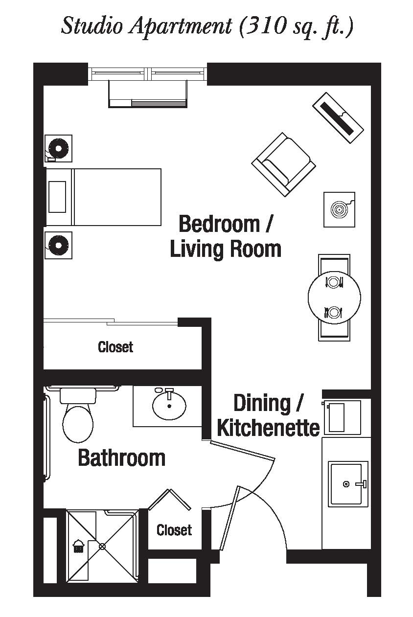 Studio apartment floor plan with a combined bedroom/living room and a kitchenette.