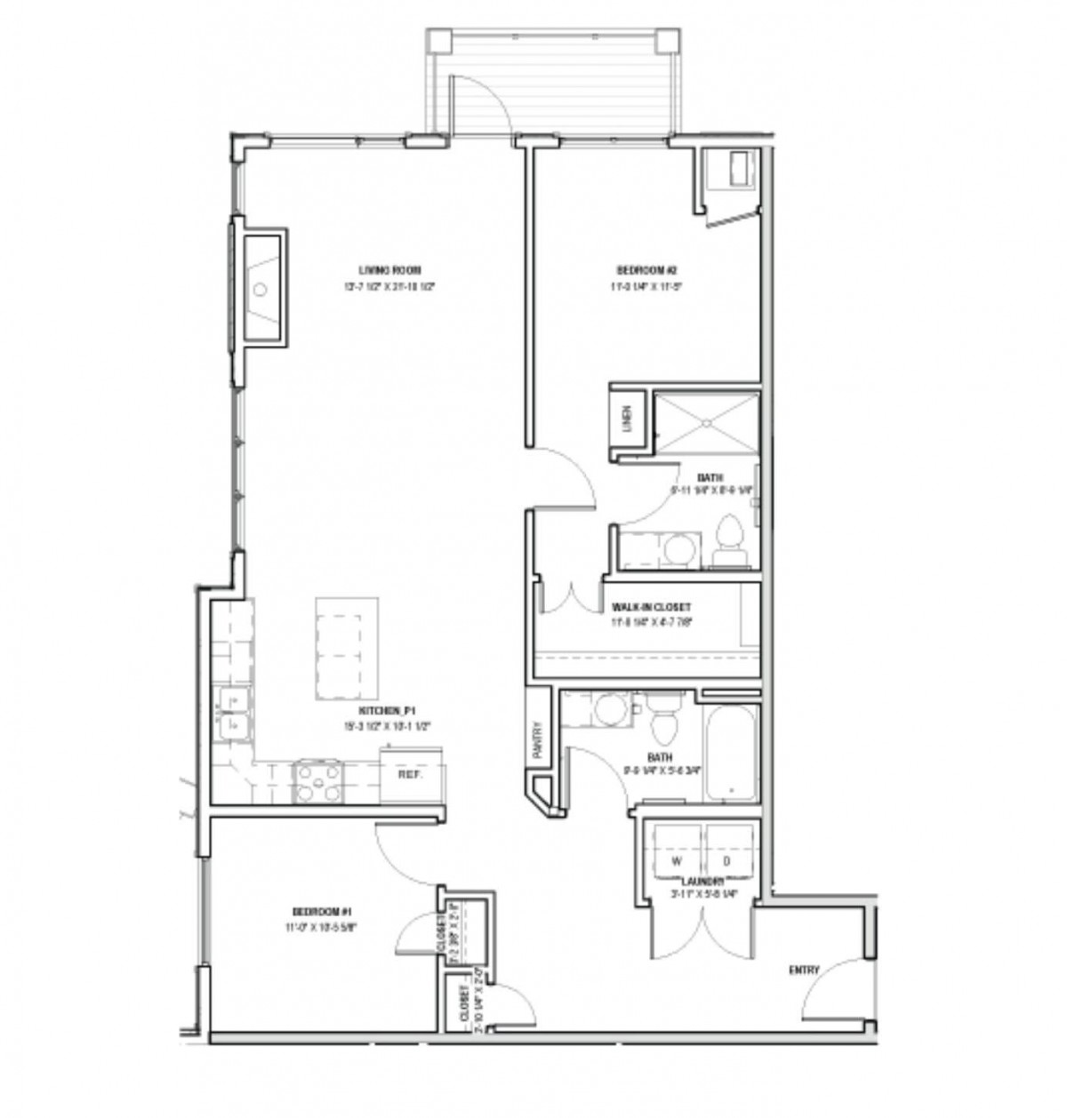 A detailed floor plan of an apartment, showing the arrangement of rooms and key architectural features.