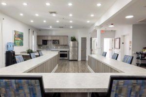 A modern kitchen with sleek design, featuring spacious countertops and stainless steel appliances.
