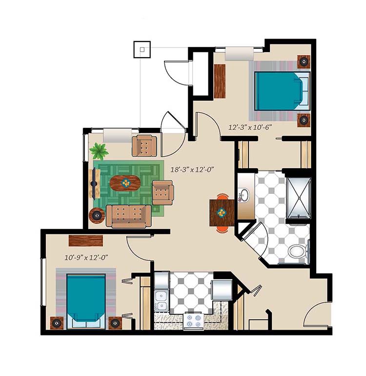Two-bedroom apartment floor plan with a living room, kitchen, and bathroom.