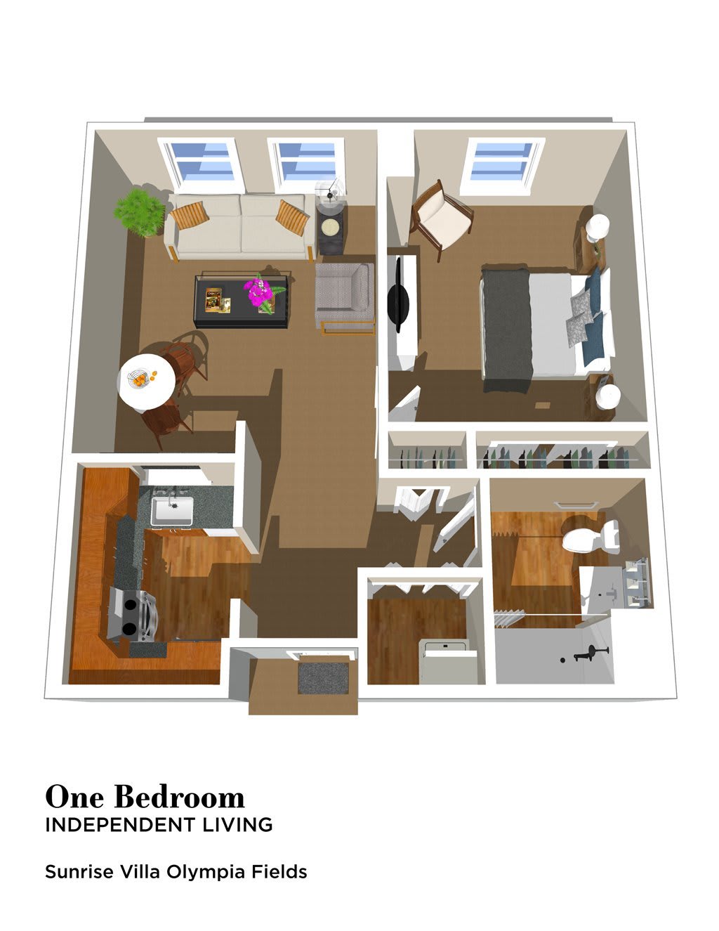 3D floor plan of a one-bedroom apartment showing the layout and room arrangements.