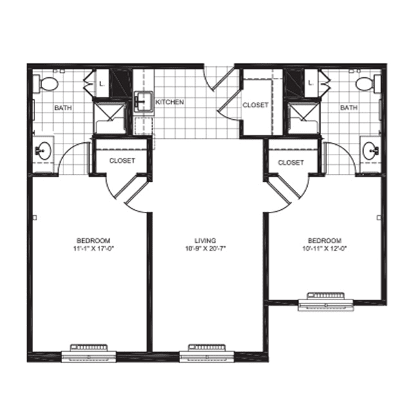 A floor plan of a two-bedroom apartment featuring two bathrooms, a living room, and a kitchen area.