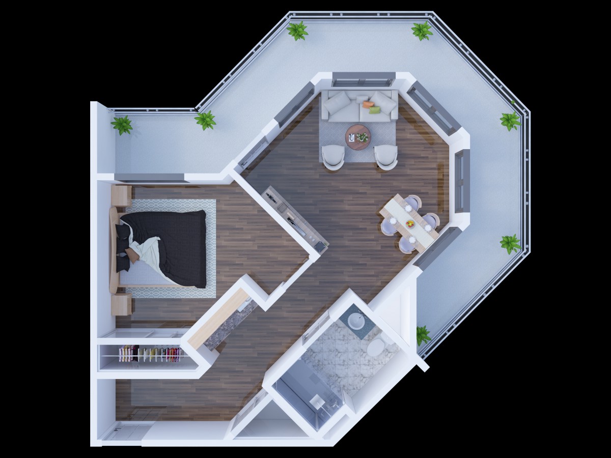 A modern apartment floor plan featuring a bedroom, living area, dining space, and a kitchen with balcony access.