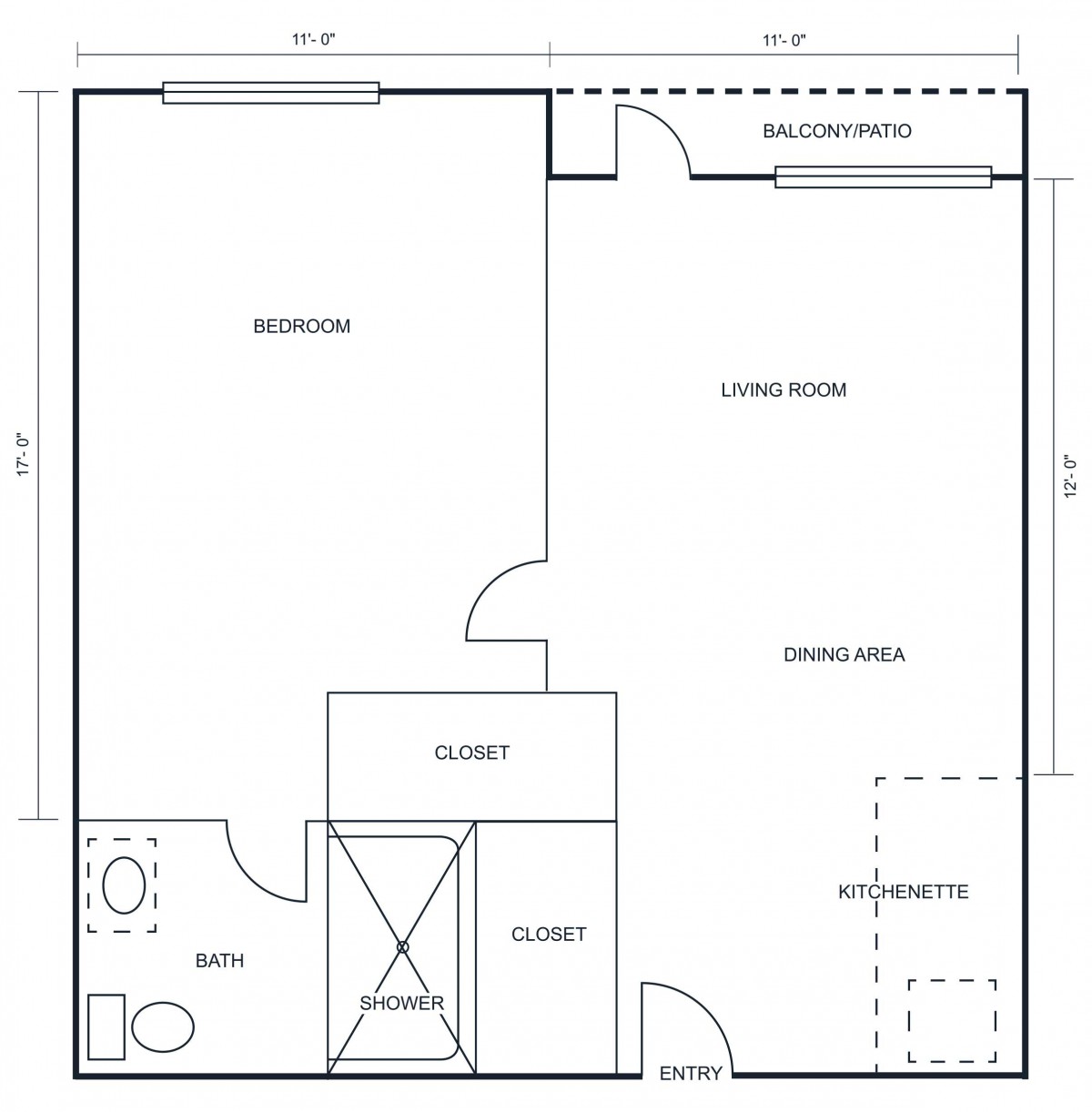 A floor plan of an apartment showing the layout of the bedroom, bathroom, living room, and dining area.