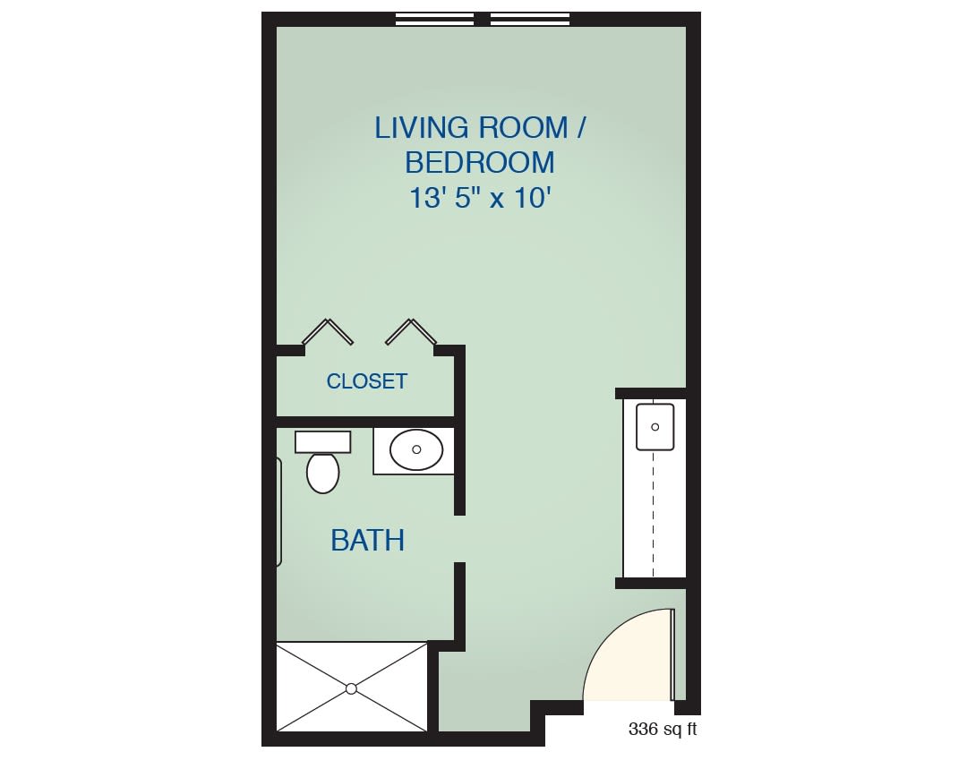 A floor plan of a studio apartment featuring a combined living room and bedroom area, a bathroom, and a closet.