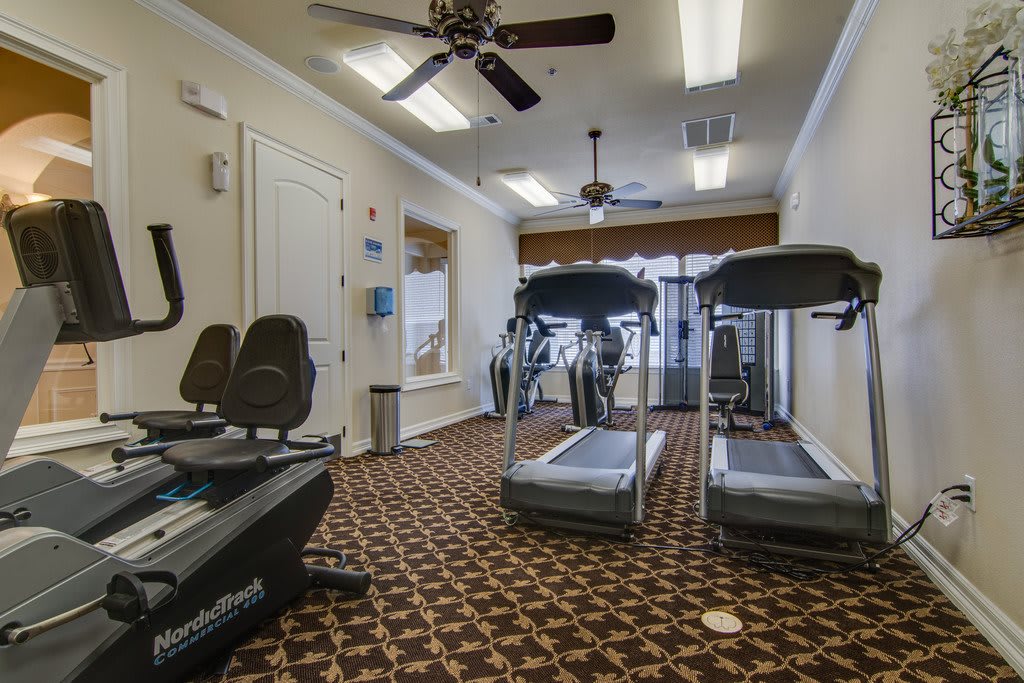 A small gym with treadmills and exercise equipment.