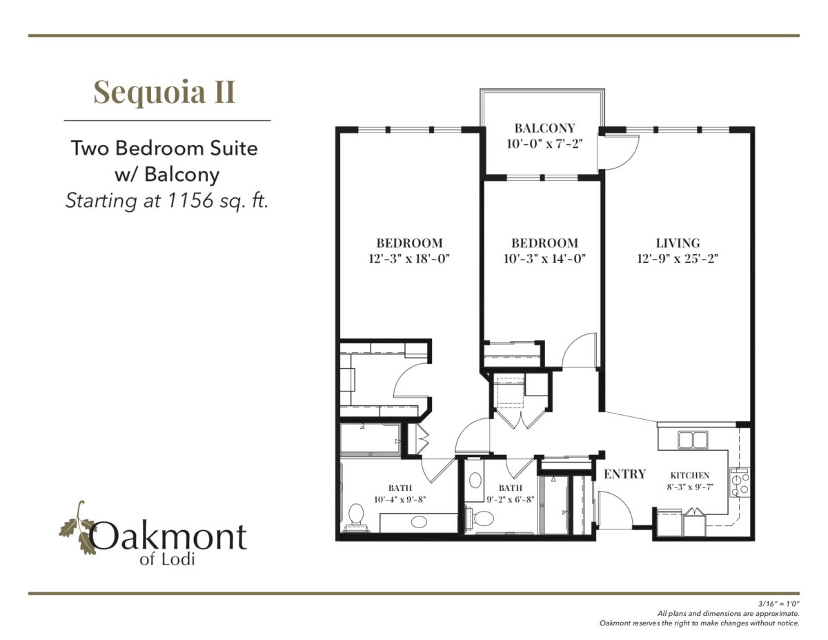 Floor plan of the Sequoia II, a two-bedroom suite with balcony at Oakmont.