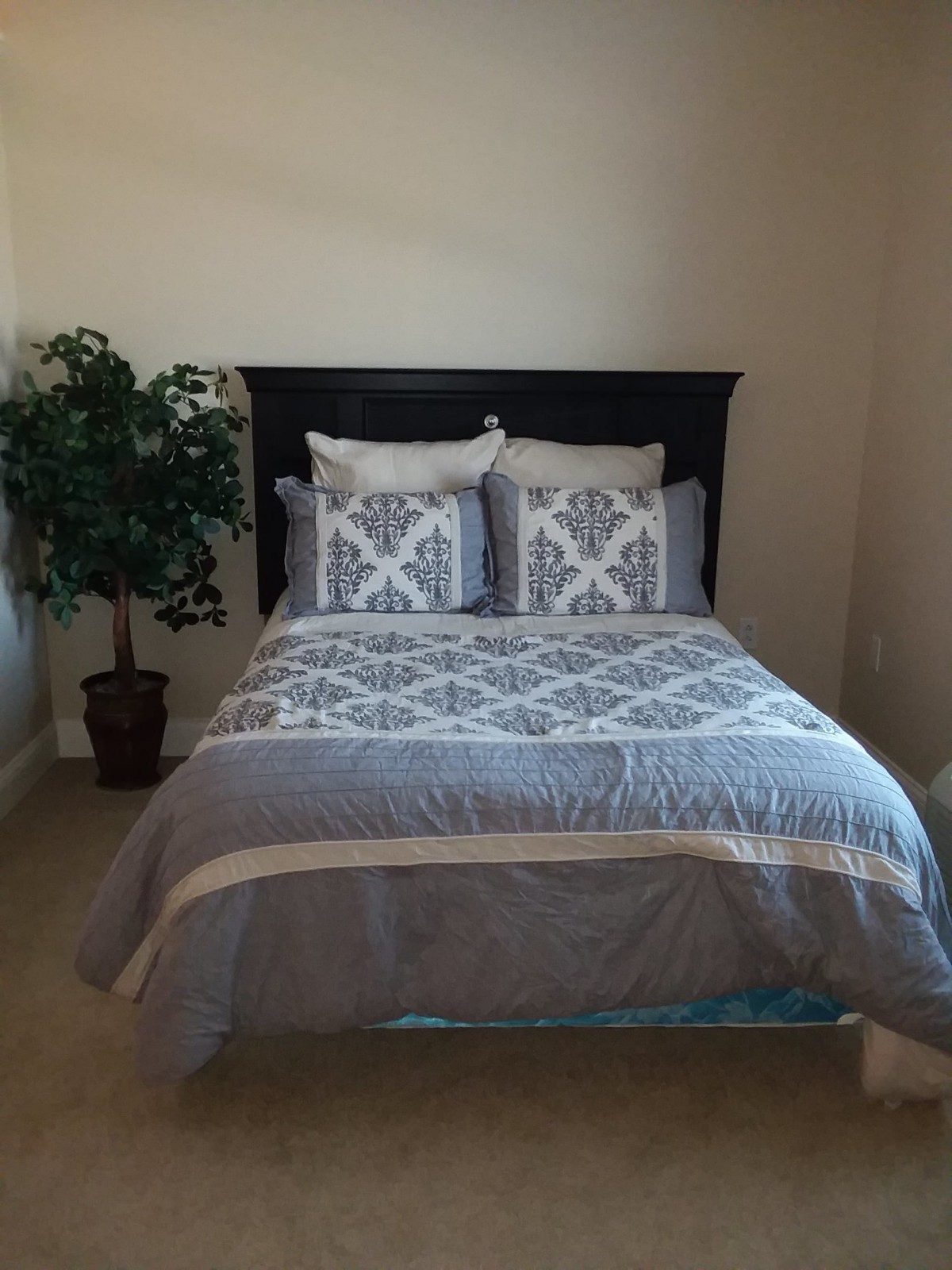 A neatly made bed with patterned bedding and pillows, accompanied by a potted plant in a bedroom.
