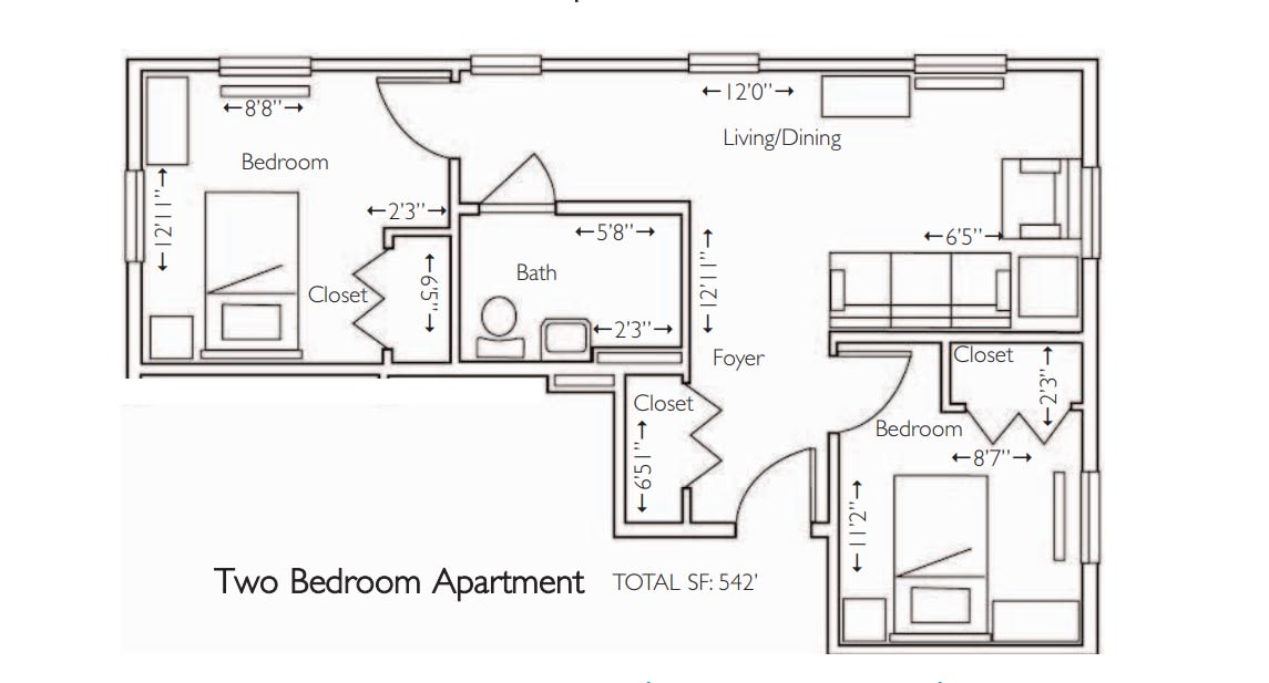 A floor plan of a two-bedroom apartment detailing room dimensions and layout.