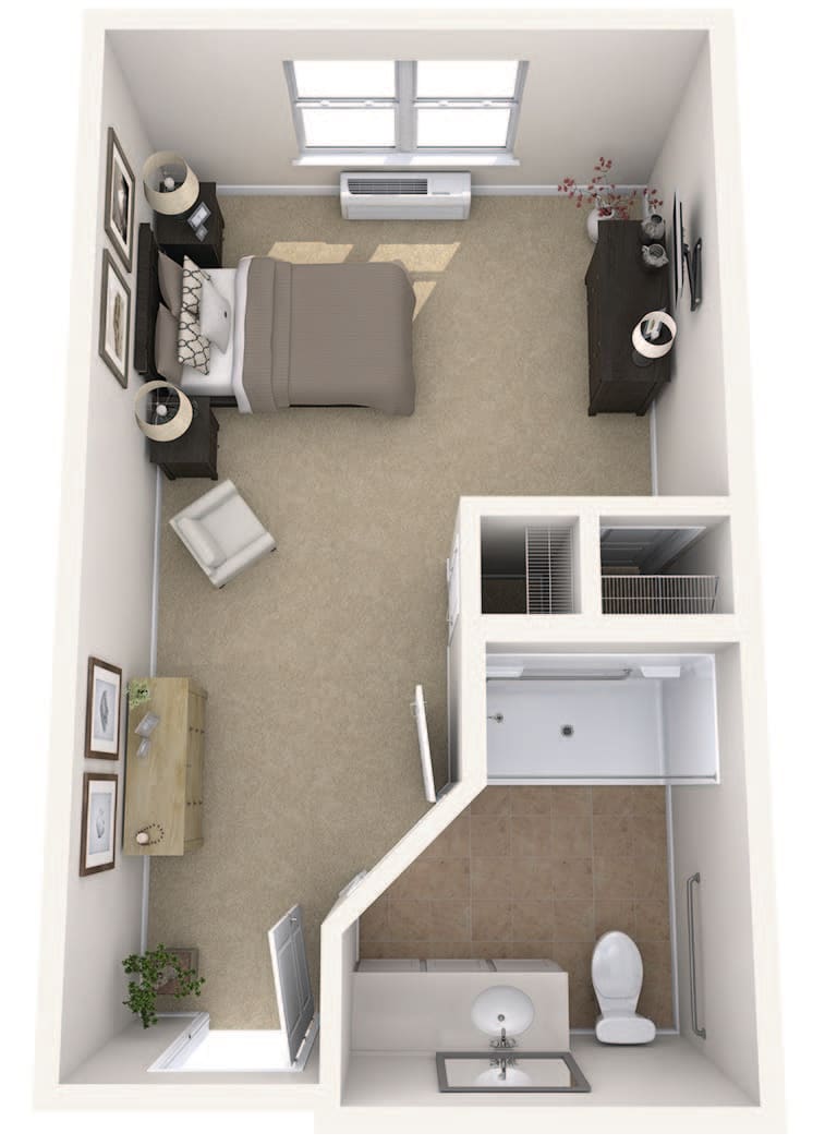 A top-down view of a compact bedroom design with furniture layout.