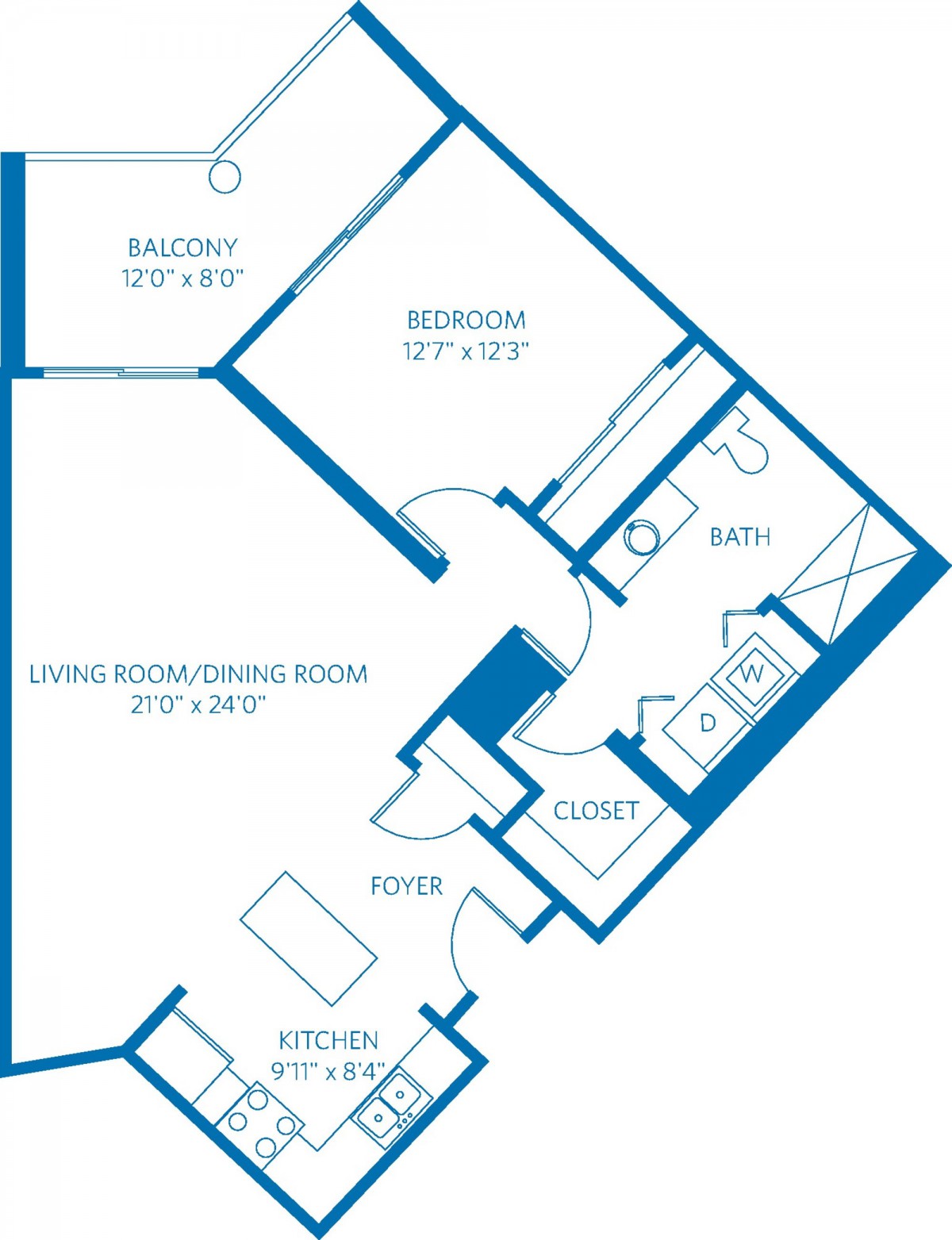 A blueprint of a one-bedroom apartment showcasing the layout, including a living/dining room, kitchen, bathroom, and balcony.