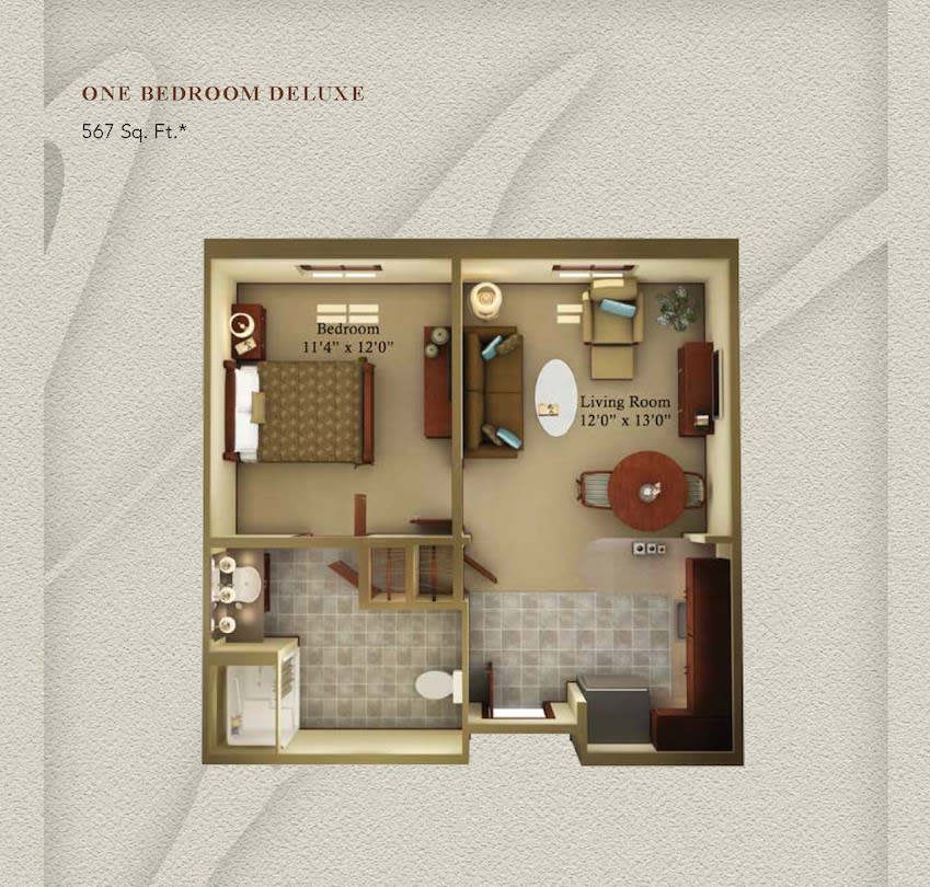 A one-bedroom apartment floor plan with kitchen, living room, and bathroom layout.
