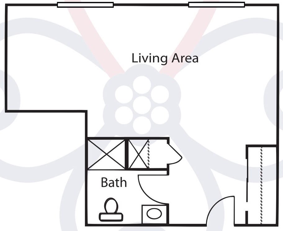 A floor plan showing a living area and a bathroom layout.
